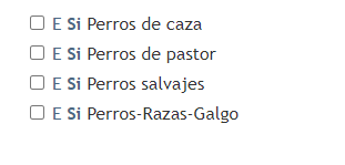 Se ven los conceptos complejos “perros de caza”, “perros de pastor”, “perros salvajes” y “perros-razas-galgo” representados por un único término preferente o una combinación de varios términos
