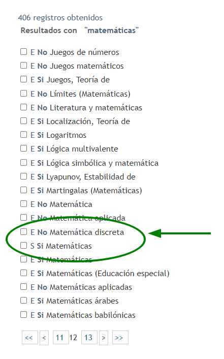 Se ve la lista de resultados para la búsqueda por el término “matemáticas”. Se ve señalado en verde un caso