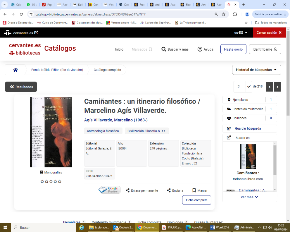Fondo Nélida Piñon – Registro de subcoleção Galicia de Nélida (Ficha da obra). Este módulo permite a visualização das capas e páginas com dedicatórias manuscritas, assim como a representação descritiva da marginalia contida na ficha de exemplar de cada documento