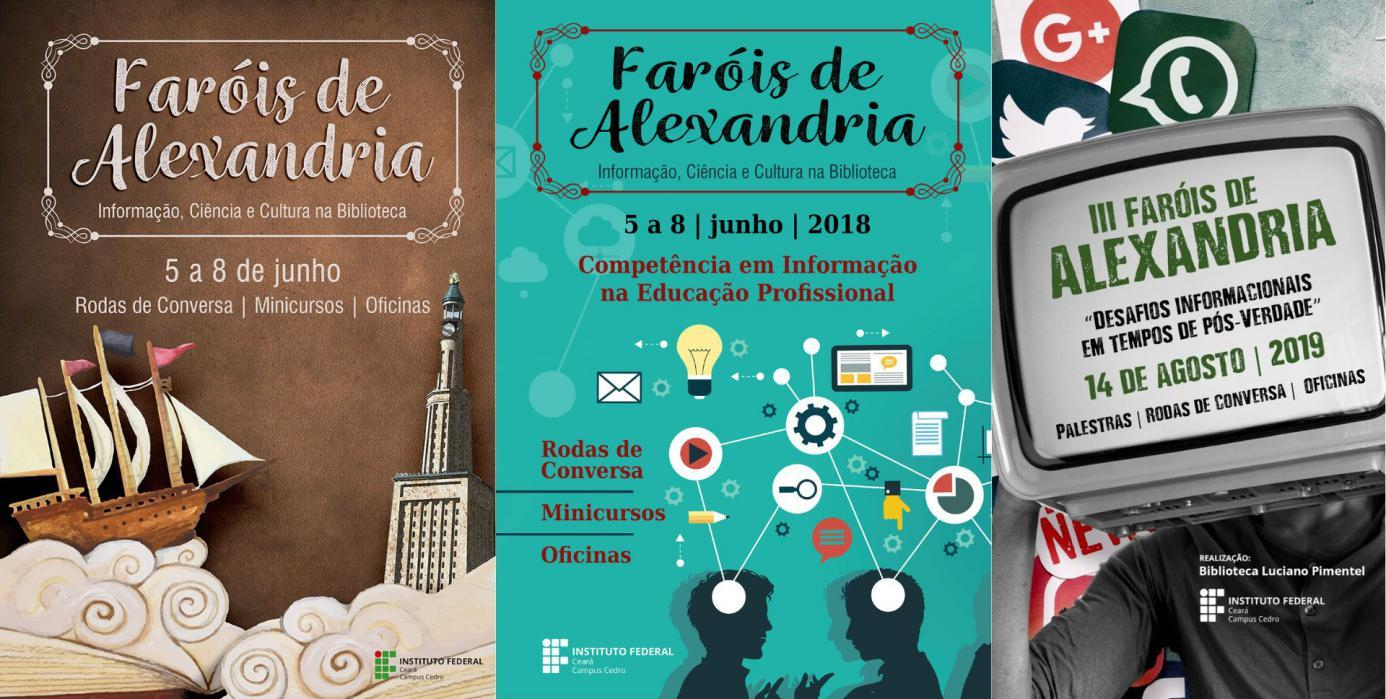 Cartazes das três primeiras edições do evento Faróis de Alexandria
