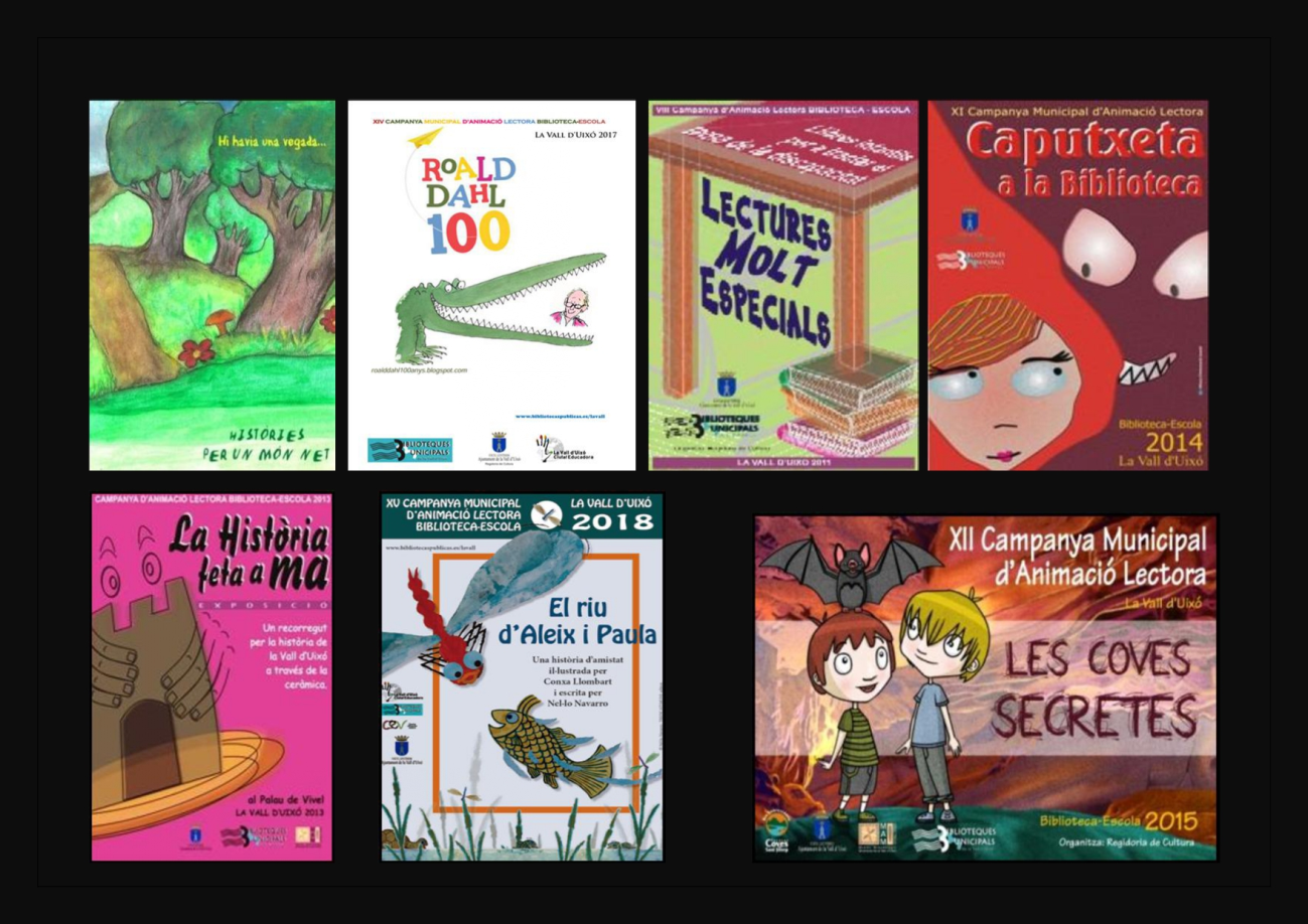 Es una imagen de los carteles de diversas campañas de animación lectora Biblioteca-Escuela en la Vall d’Uixó 