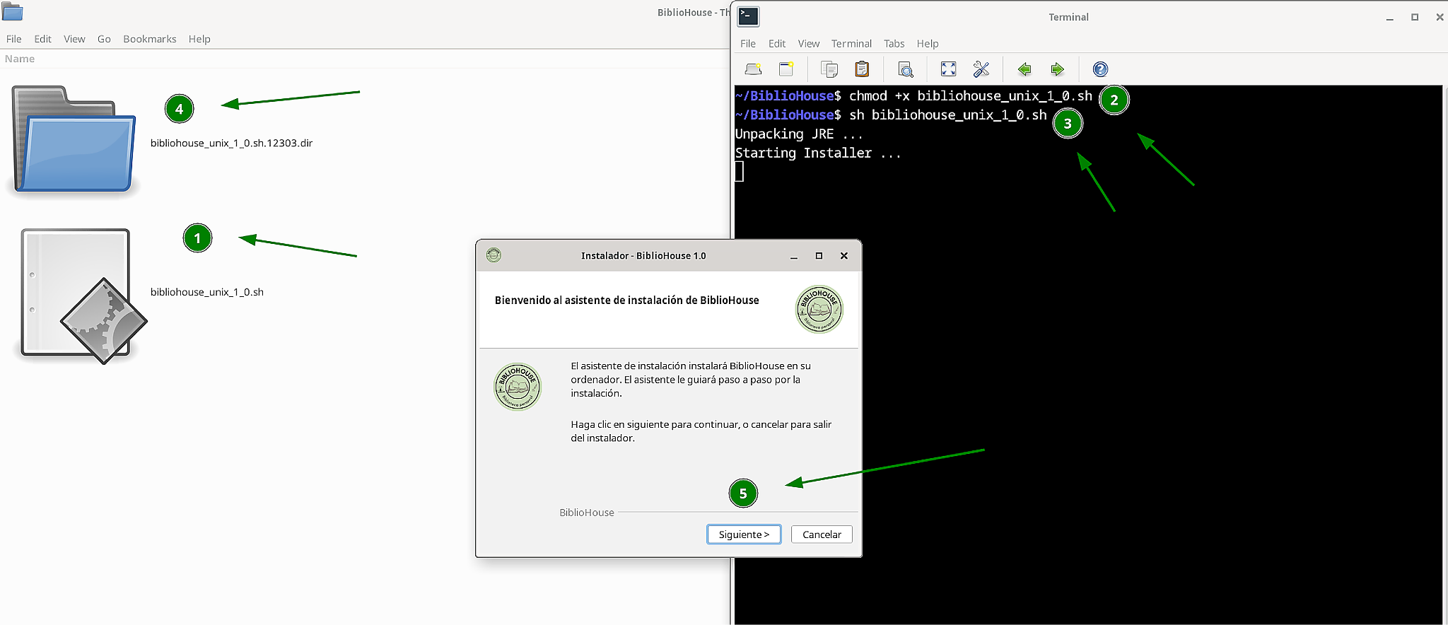 Se ven los pasos de la instalación de BiblioHouse en Linux