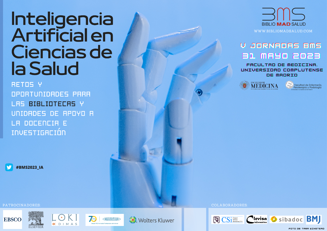 Se ve el cartel de las V Jornadas de BiblioMadSalud. Se ve una mano como de un robot (las jornadas tenían como tema central la Inteligencia Artifical). Salen datos de fechas, luegares, etc.