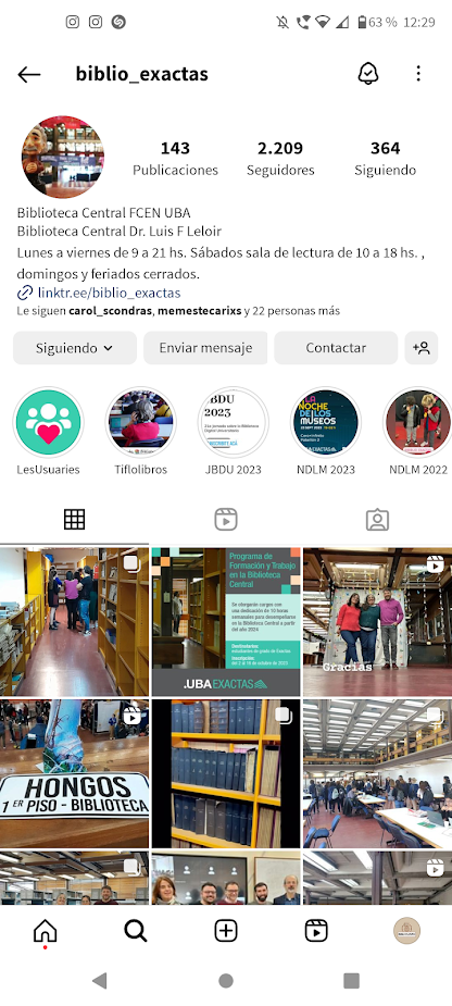 Es una captura del perfil de la cuenta de Instagram de la Biblioteca de Ciencias Exactas y Naturales de la Universidad de Buenos Aires