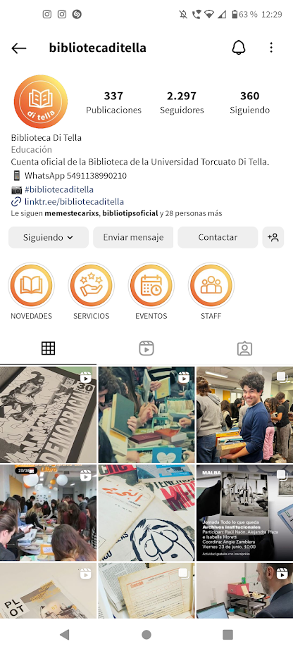 Es una captura del perfil la cuenta de Instagram de la Biblioteca de la Universidad Torcuato Di Tella