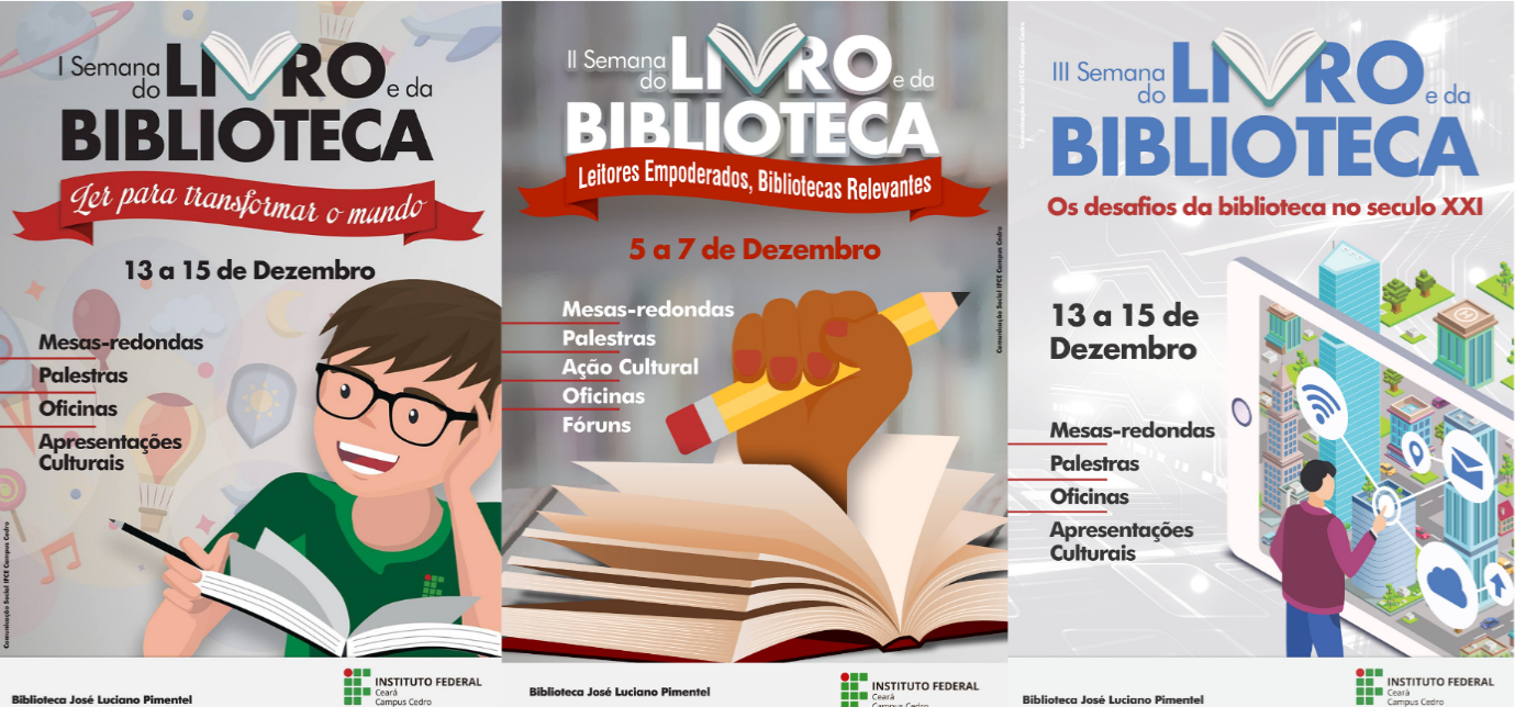 Se ven 3 carteles de las semanas del libro mencionadas en el texto. En los 3 carteles aparecen libros e información sobre las semanas