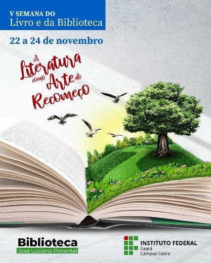 Es el cartel de la V semana del libro. Se ve un libro grande con un árbol que nace de él; e información sobre la semana