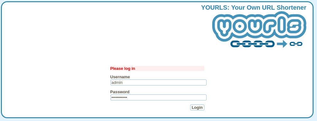 Es la pantalla de login de YOURLS. Sale un cuadro de texto para poner el username y la password