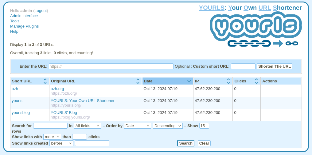 Se ve el panel de administración de YOURLS con una tabla con los enlaces acortados