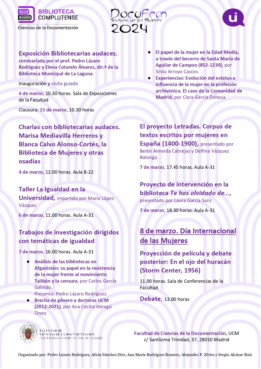 Se ve el cartel del programa de la I Semana DocuFem 2024 - Mujer y Documentación. Salen letras en color violeta. El contenido se puede leer en el texto del artículo