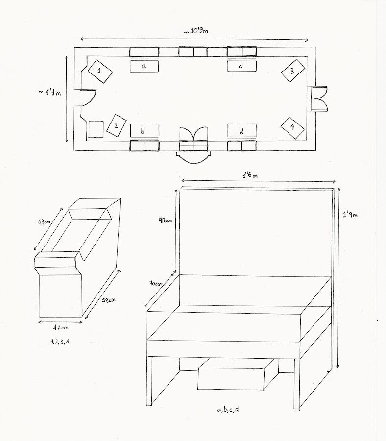 Es el dibujo del llano de la sala y del equipamiento de la exposición dibujado por Alejandro P. Elvira. El contenido se explica en el texto