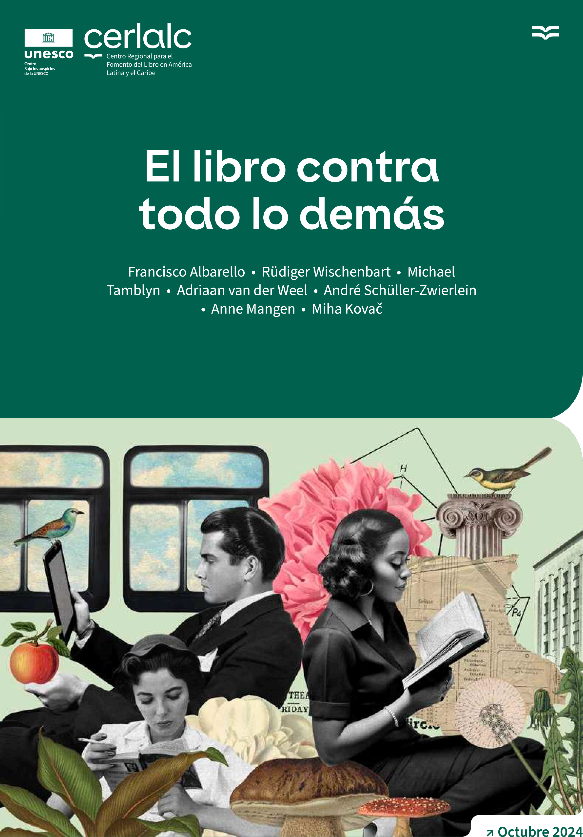 Se trata de la portada del libro reseñado. Sale el título arriba, con letras blancas sobre fondo verde; y abajo unas ilustraciones de gente leyendo en distintos formatos