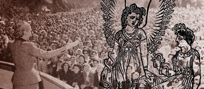 Eva Perón, giving a speech to a crowd of women; on the right of the image, the figures of two erynies