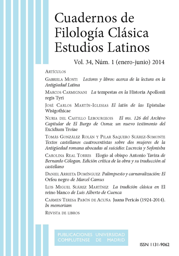 Cubierta Cuadernos de Filología Clásica, estudios latinos vol 34-1