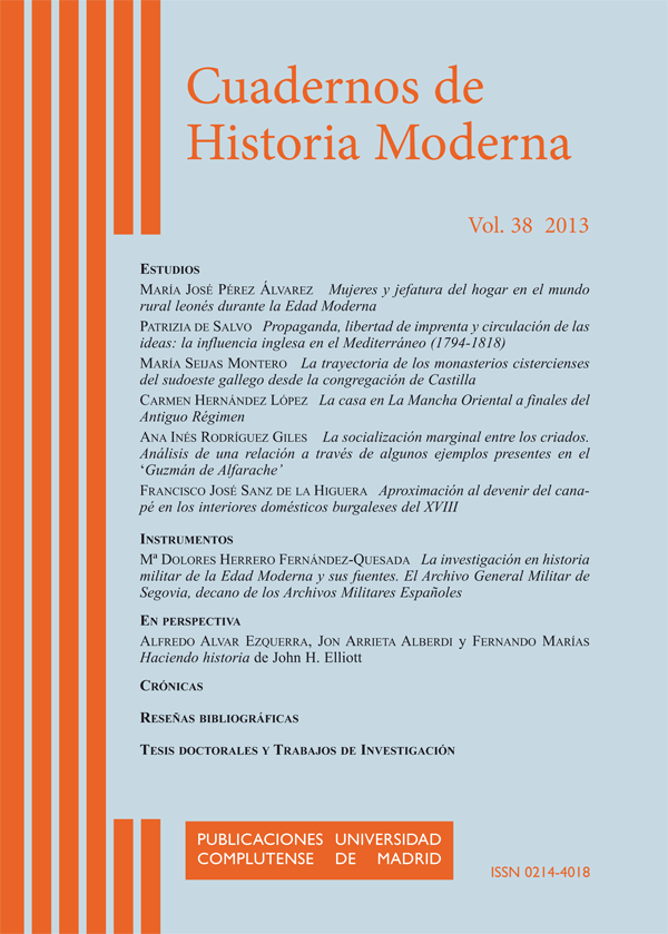 Cubierta de Cuadernos de Historia Moderna Vol. 38 (2013)